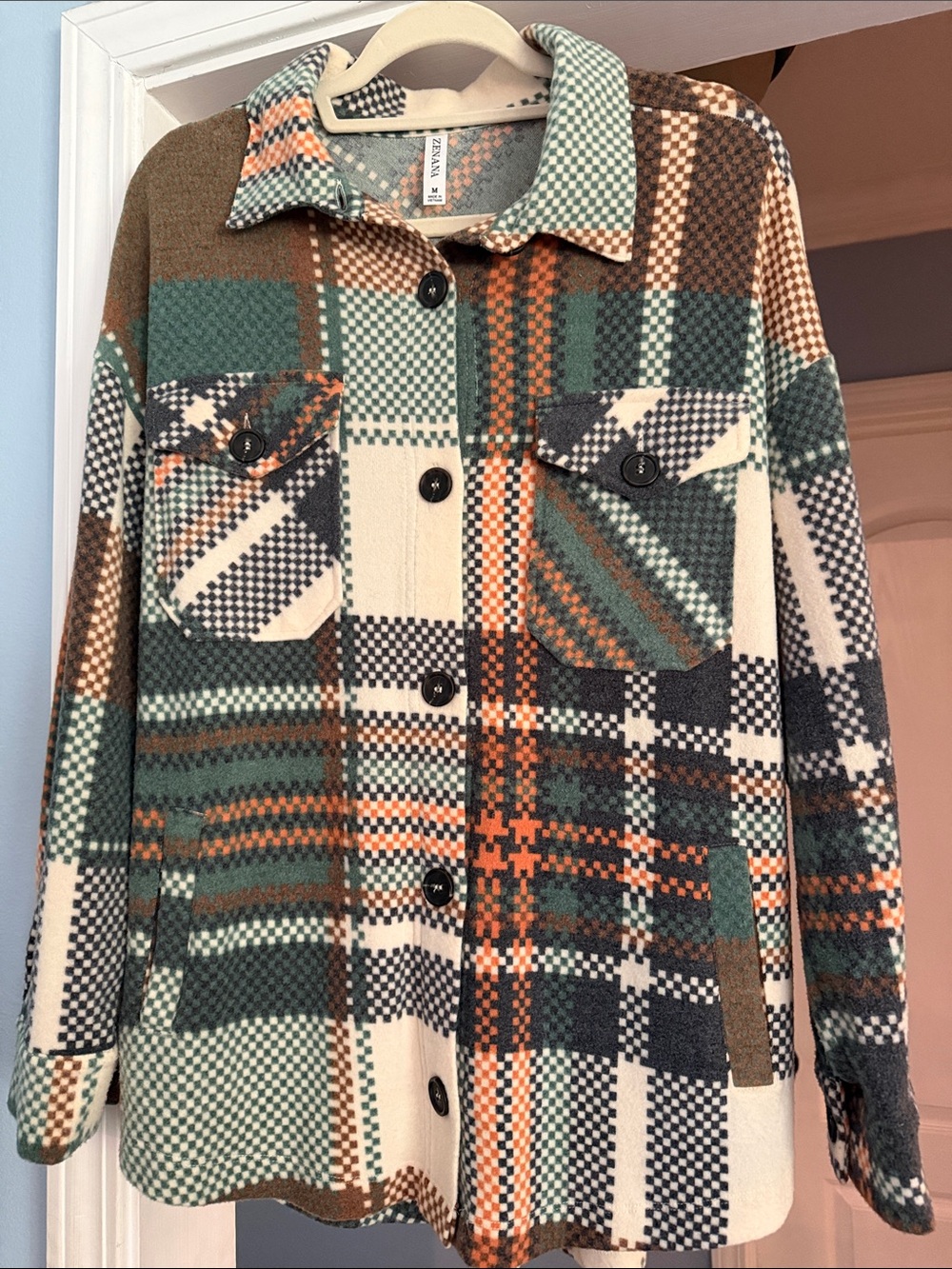 Zenana Plaid Button-Up Shacket in Green, Orange & Cream - Picture 1 of 2